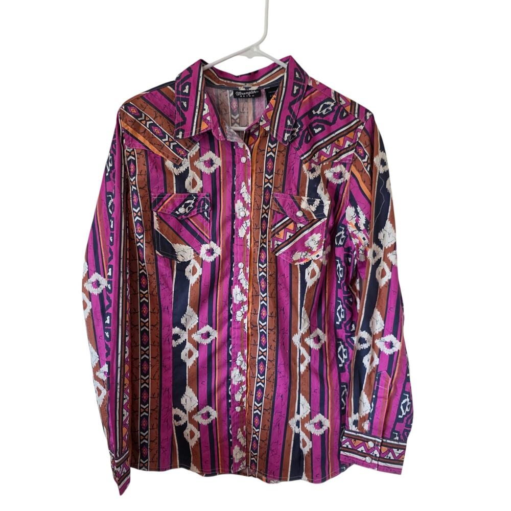 Wrangler Retro Long Sleeve Western Print Pearl Snap Shirt Large Purple NEW